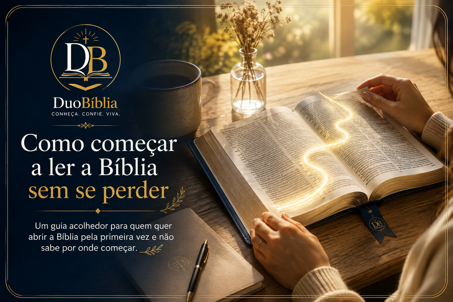 Pessoa lendo uma Bíblia aberta em uma mesa de madeira iluminada pela luz da manhã.