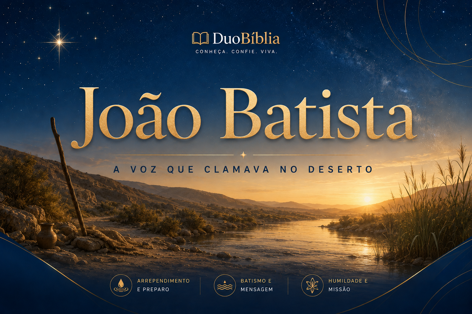 Capa do perfil de João Batista, com o título “A voz que clamava no deserto”, diante de uma paisagem desértica atravessada pelo rio Jordão ao amanhecer. A imagem apresenta um cajado e símbolos de arrependimento, batismo, humildade e missão.