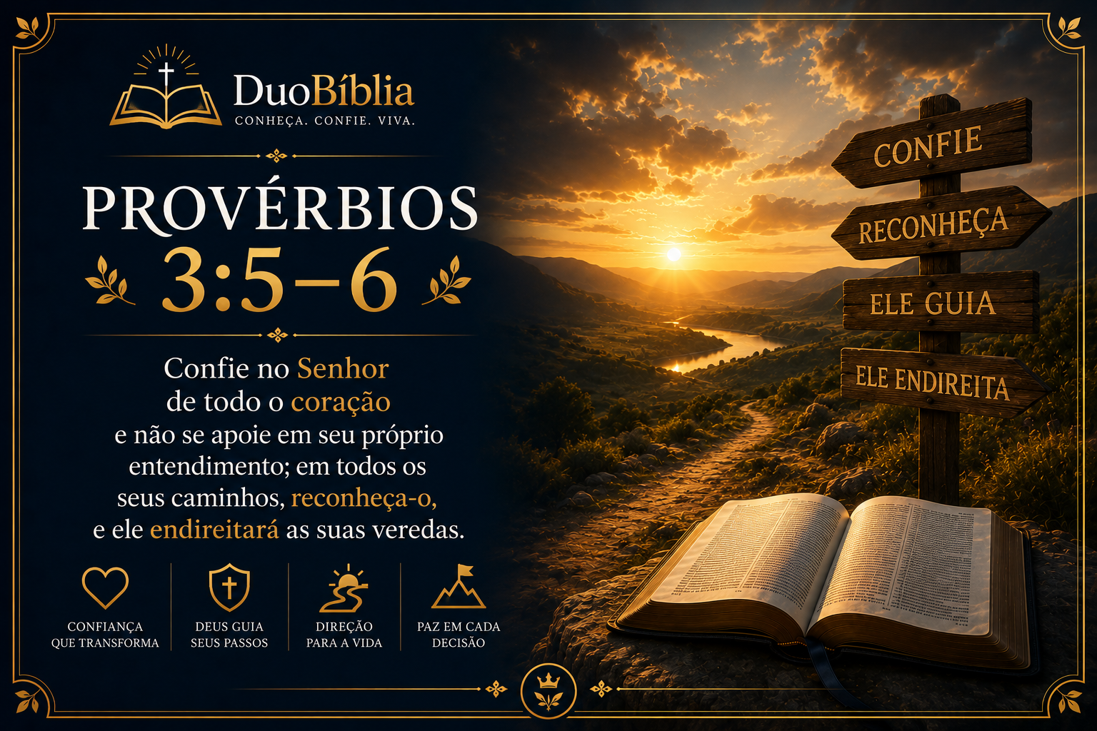 Ilustração artística para Provérbios 3:5–6. À esquerda, o logo do DuoBíblia aparece acima da referência bíblica e do trecho sobre confiar no Senhor de todo o coração e reconhecer Deus em todos os caminhos. À direita, uma trilha segue por um vale iluminado pelo pôr do sol, ao lado de placas com mensagens de confiança e direção. Em primeiro plano, há uma Bíblia aberta. A composição em azul-escuro e dourado simboliza fé, orientação divina e segurança nas decisões.