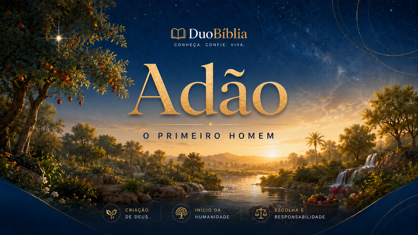 Capa ilustrada com o nome Adão na identidade visual do DuoBíblia