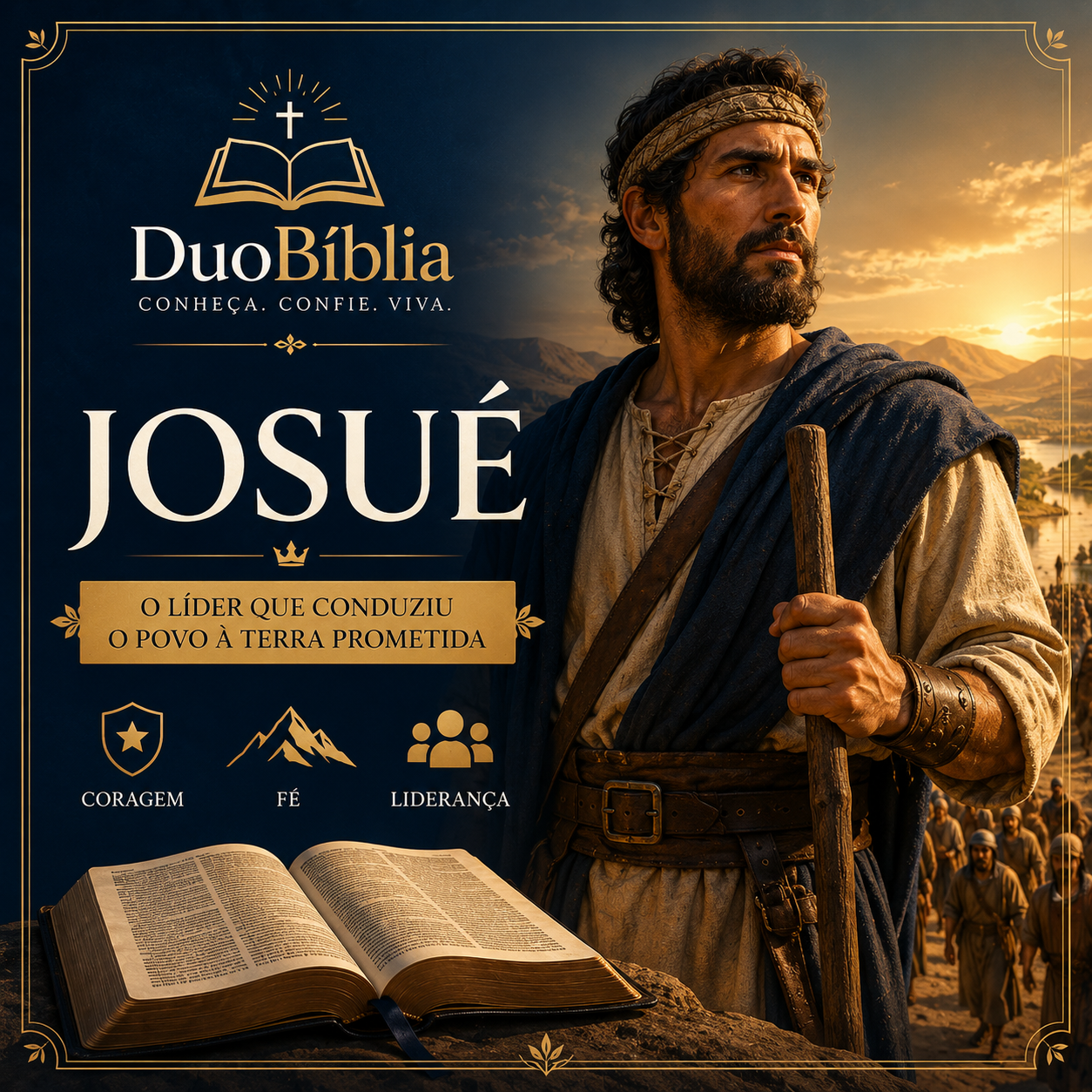 Capa do perfil de Josué, apresentado como o líder que conduziu o povo à Terra Prometida, segurando um cajado diante de uma paisagem iluminada, com uma Bíblia aberta e símbolos de coragem, fé e liderança.
