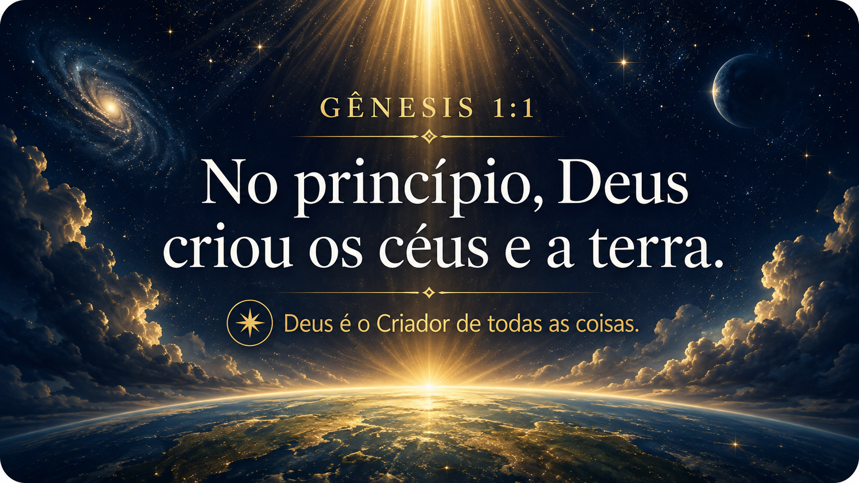 Capa do versículo Gênesis 1:1, com a Terra vista do espaço, cercada por estrelas, nuvens e galáxias em tons de azul-marinho e dourado. Um feixe de luz ilumina o planeta. A imagem traz o texto: “No princípio, Deus criou os céus e a terra” e a ideia central “Deus é o Criador de todas as coisas”.