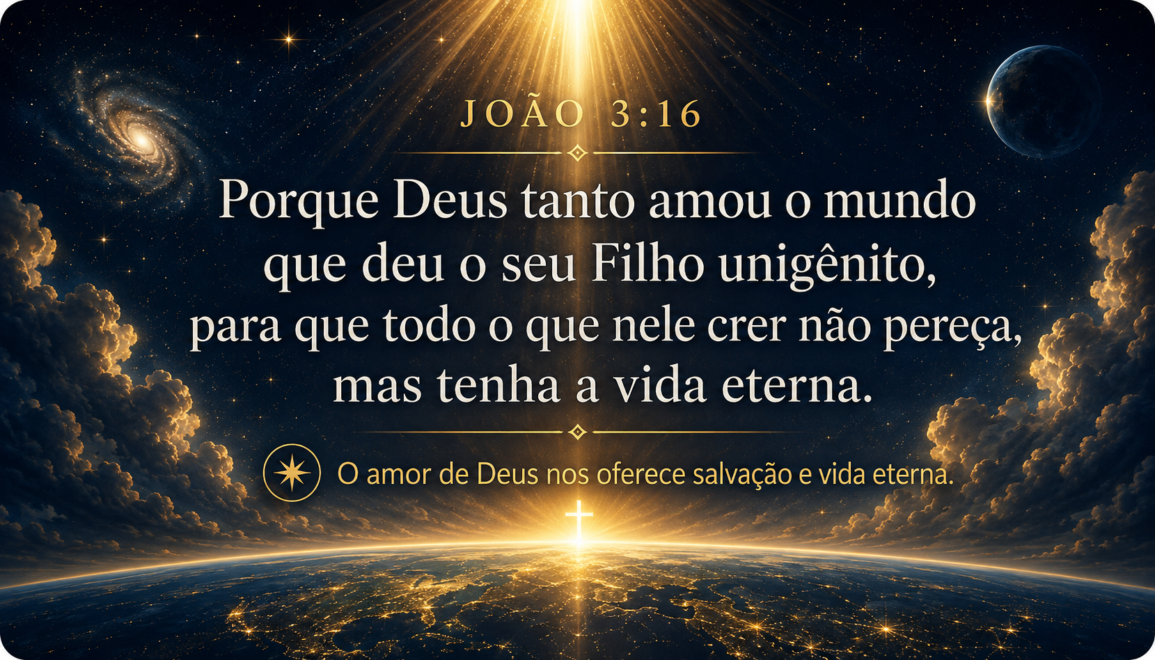 Capa do versículo João 3:16, com a Terra vista do espaço sob uma luz dourada, cercada por estrelas, galáxias e nuvens. Uma cruz iluminada aparece no horizonte. A imagem traz o texto do versículo e a ideia central: “O amor de Deus nos oferece salvação e vida eterna”.
