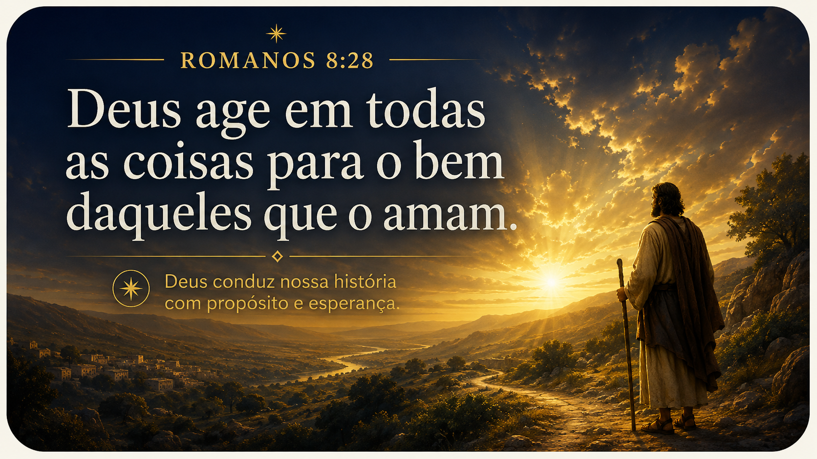 Capa de Romanos 8:28 com paisagem ao pôr do sol, homem em trajes bíblicos observando o horizonte e a frase “Deus age em todas as coisas para o bem daqueles que o amam”.