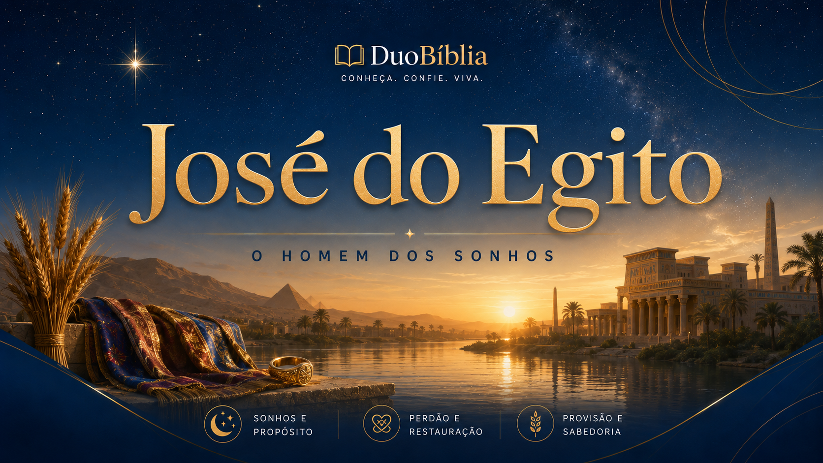 Capa do perfil de José do Egito, com paisagem do Egito ao amanhecer, o rio Nilo, construções egípcias, espigas de trigo e um manto colorido. A imagem destaca José como “o homem dos sonhos” e representa temas de propósito, perdão, restauração, provisão e sabedoria.