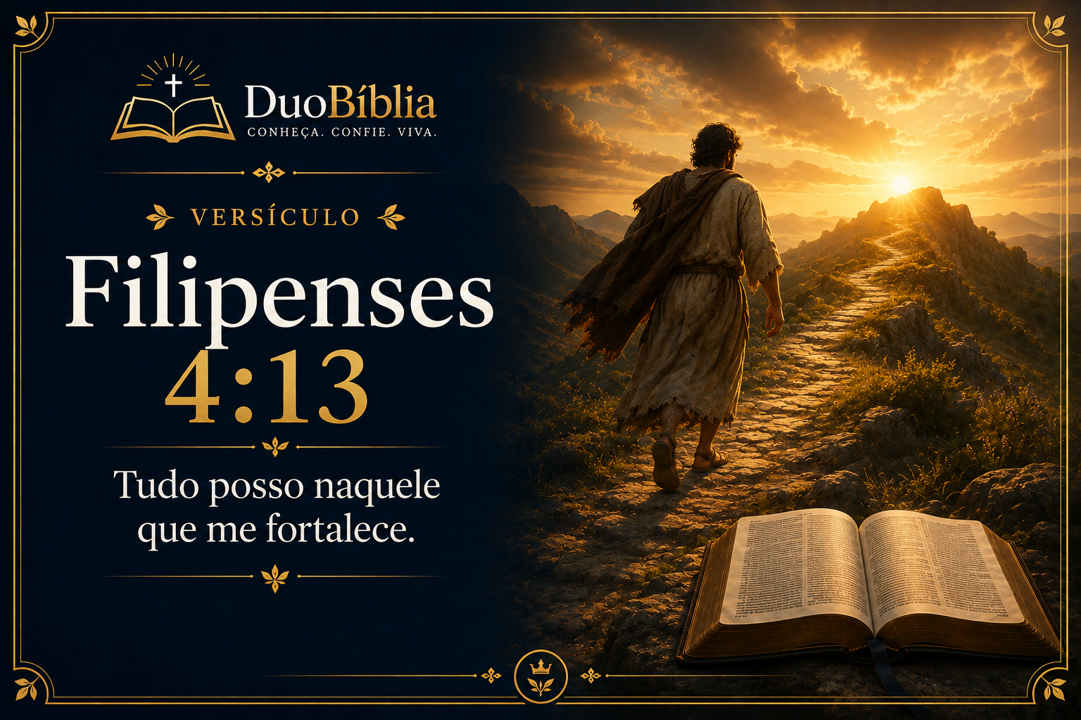 Ilustração artística para o versículo Filipenses 4:13. À esquerda, o logo oficial do DuoBíblia aparece acima do título "Filipenses 4:13" e da frase "Tudo posso naquele que me fortalece.". À direita, um viajante em trajes bíblicos caminha por um caminho de pedras em direção ao nascer do sol sobre as montanhas, simbolizando fé, perseverança e fortalecimento em Deus. No primeiro plano, há uma Bíblia aberta. A composição utiliza tons azul-escuro e dourado, com moldura ornamental elegante, seguindo a identidade visual do DuoBíblia.
