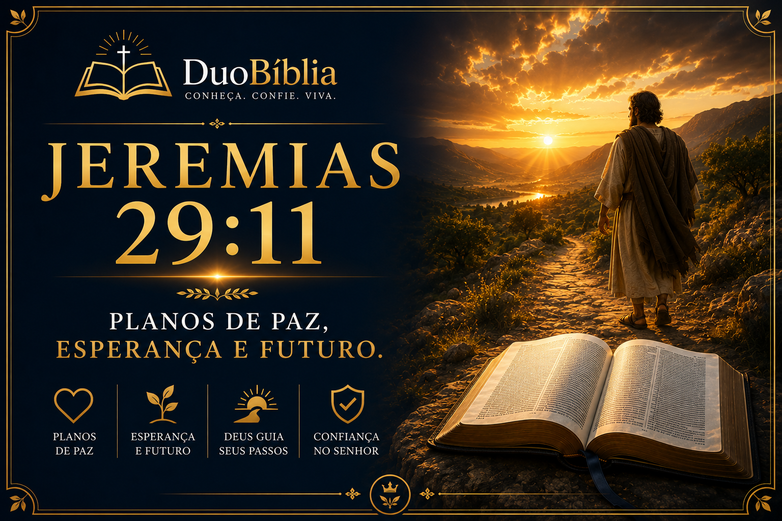 Ilustração artística para Jeremias 29:11. À esquerda, o logo do DuoBíblia aparece sobre um fundo azul-escuro, acima da referência em destaque e da frase “Porque eu sei os planos que tenho para vocês”. À direita, uma Bíblia aberta repousa sobre uma rocha diante de um vale iluminado pelo pôr do sol, com montanhas, lago e pássaros ao fundo. A composição em tons de azul e dourado transmite esperança, paz, cuidado de Deus e confiança no futuro.