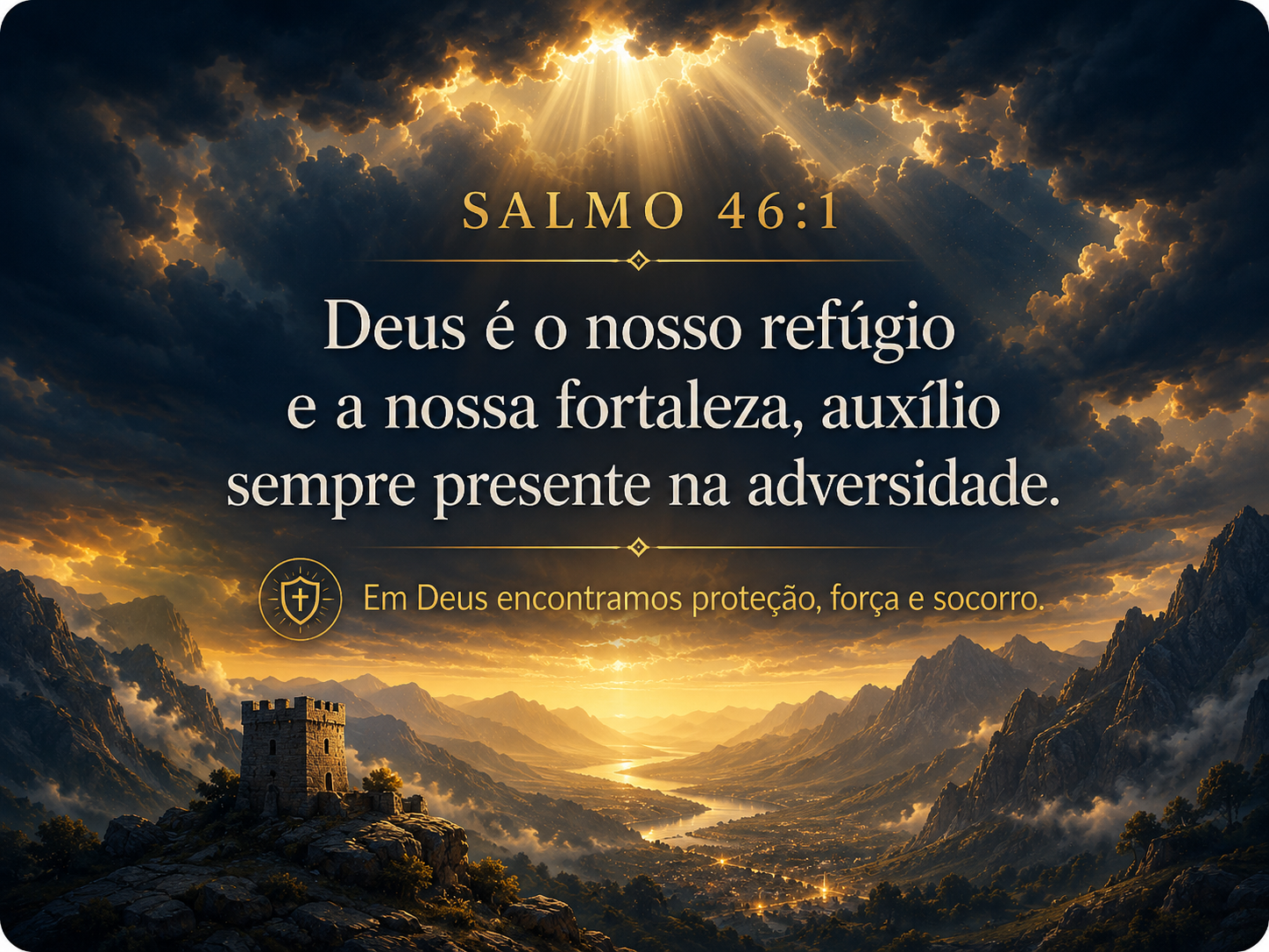 Capa do versículo Salmo 46:1, com uma fortaleza sobre as montanhas diante de um vale iluminado pelo amanhecer. Raios dourados atravessam nuvens escuras, simbolizando proteção e esperança em meio às dificuldades. A imagem traz o texto: “Deus é o nosso refúgio e a nossa fortaleza, auxílio sempre presente na adversidade” e a ideia central “Em Deus encontramos proteção, força e socorro”.
