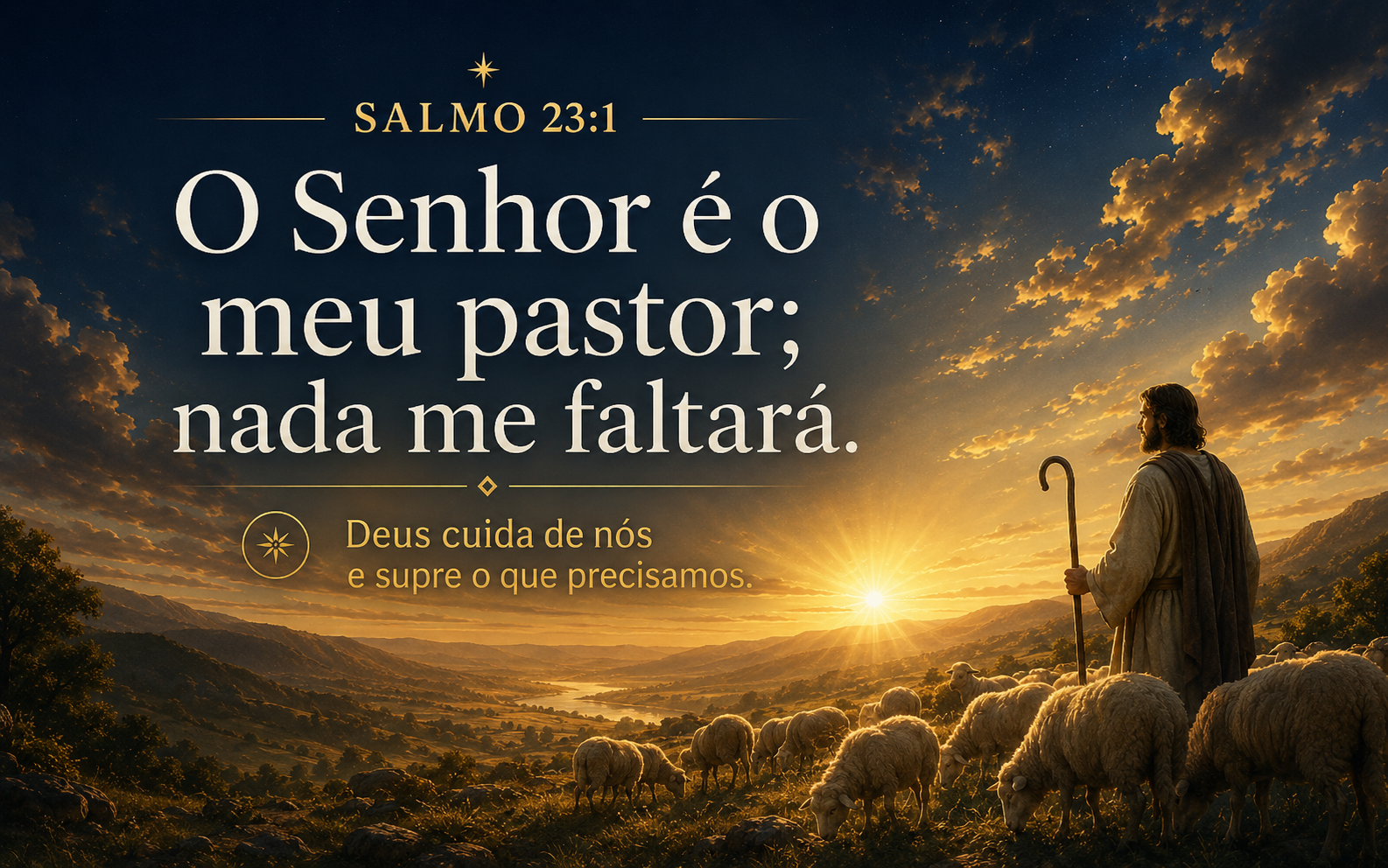 Capa do versículo Salmo 23:1, com um pastor segurando um cajado e cuidando de um rebanho em um vale iluminado pelo pôr do sol. Em tons de azul-marinho e dourado, a imagem traz o texto: “O Senhor é o meu pastor; nada me faltará” e a ideia central “Deus cuida de nós e supre o que precisamos”.